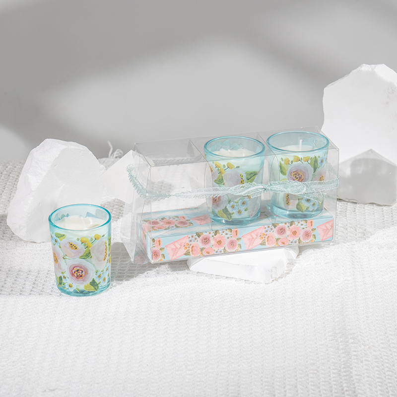 Coinnle cumhraithe cupán gloine bhabhta beag clasaiceach Mother'day 3PCS monaróir coinnle soighe set-éco