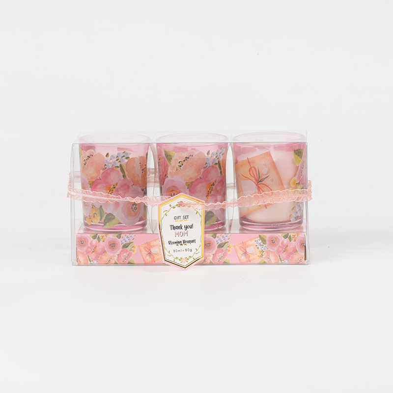 Coinnle cumhraithe cupán gloine bhabhta beag clasaiceach Mother'day 3PCS monaróir coinnle soighe set-éco